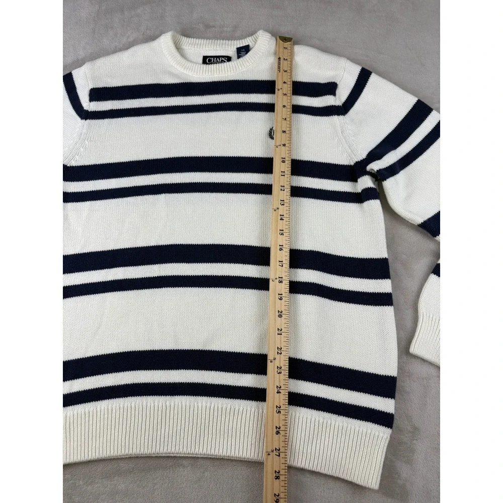 Chaps Mens Cotton Crewneck Sweater Large White Navy Blue Nautical Knit‎ Pullover